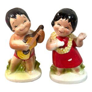 Vtg Norcrest Hawaiian Boy Girl Salt Pepper Shakers Handpainted Ceramic Japan 4"